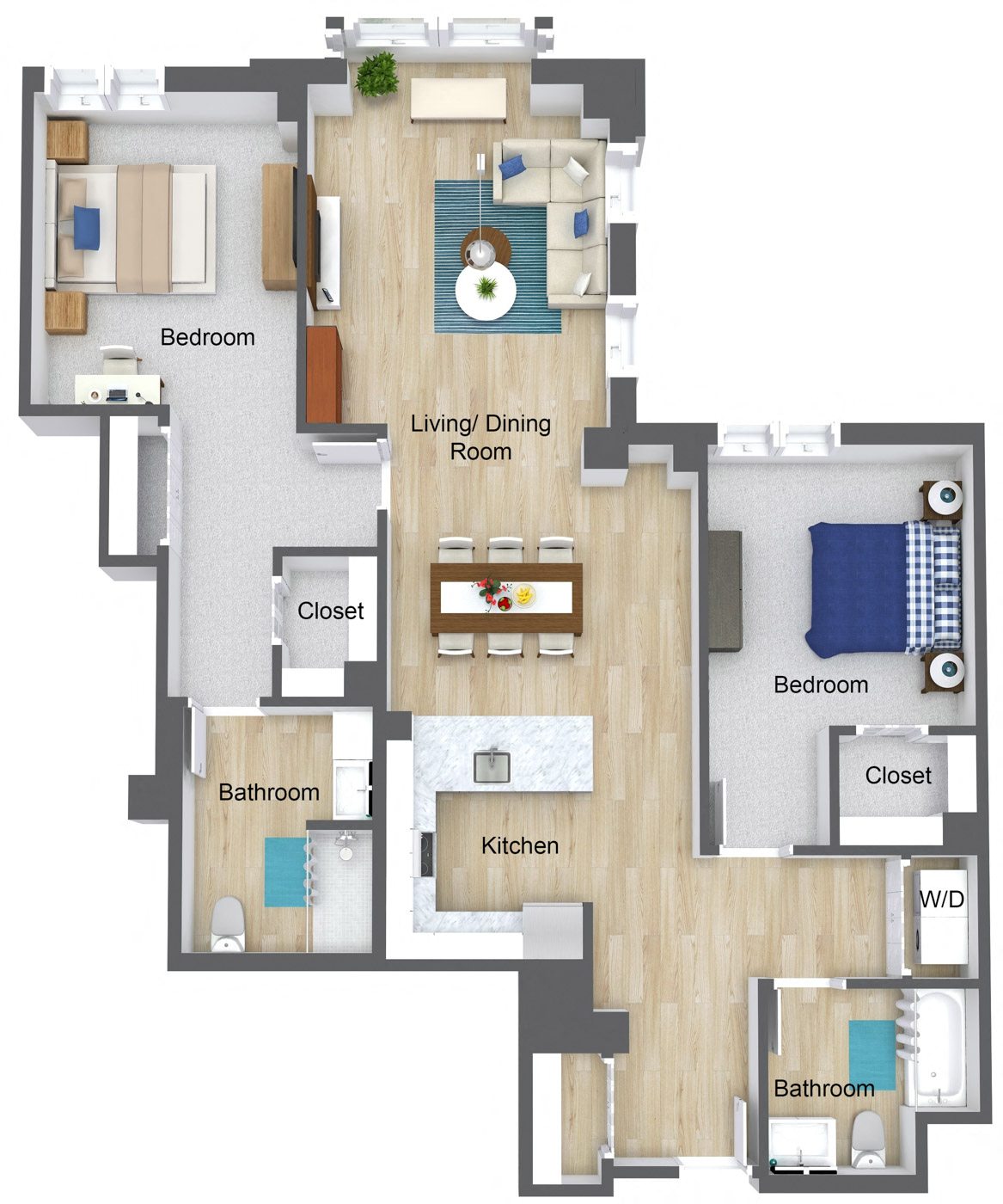 Floor plan for 2 beds, 2 baths, 1328 sqft